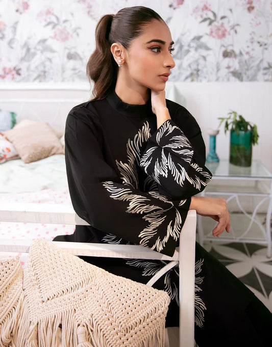 Elegant Black Print Stitched 2Pcs